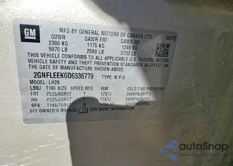 2013 Chevrolet Equinox Lt z USA, uszkodzony, nr VIN 2GNFLEEK6D6336779